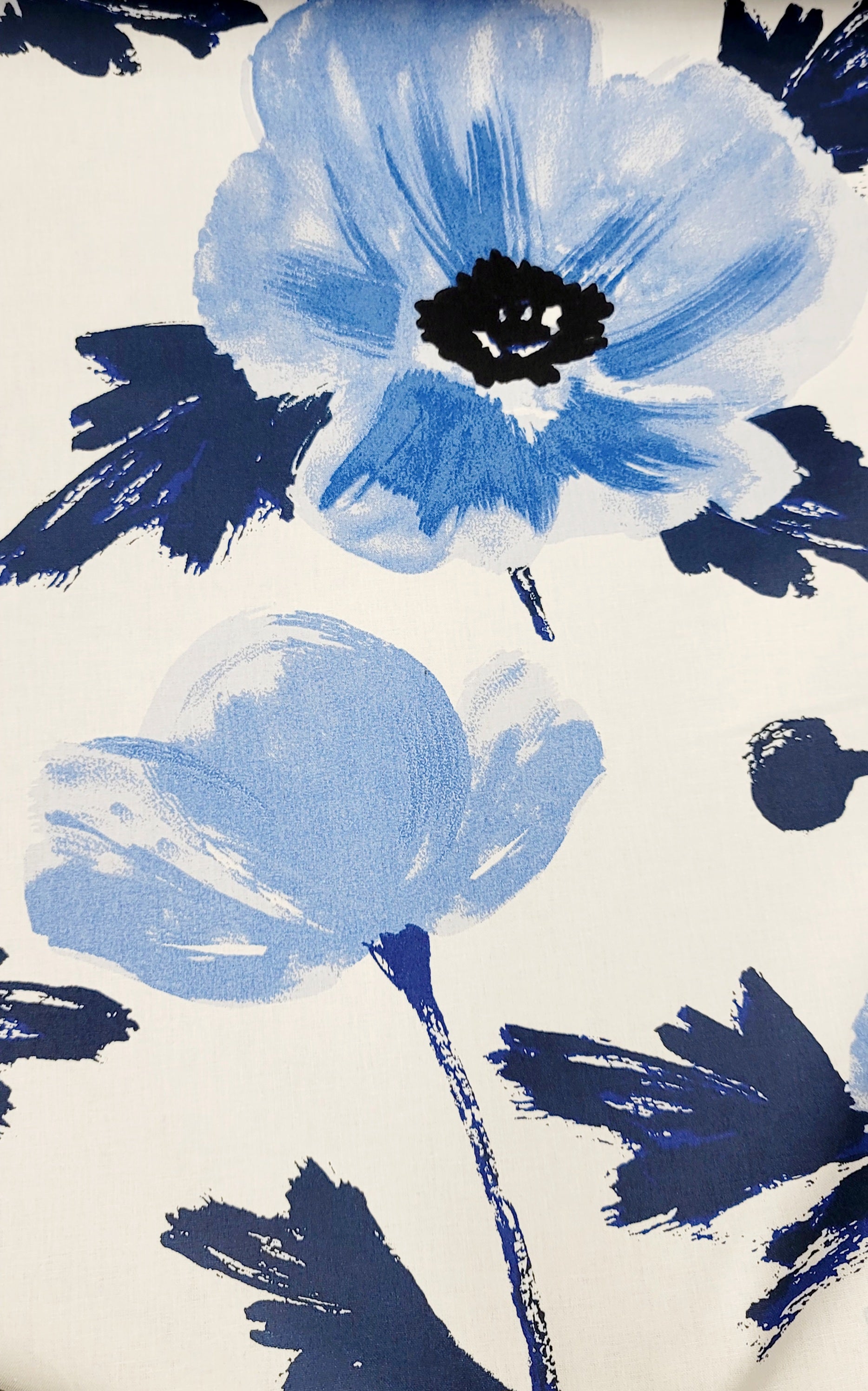 White Cotton Fabric with Large Blue Floral Print – Bold Painterly Design
