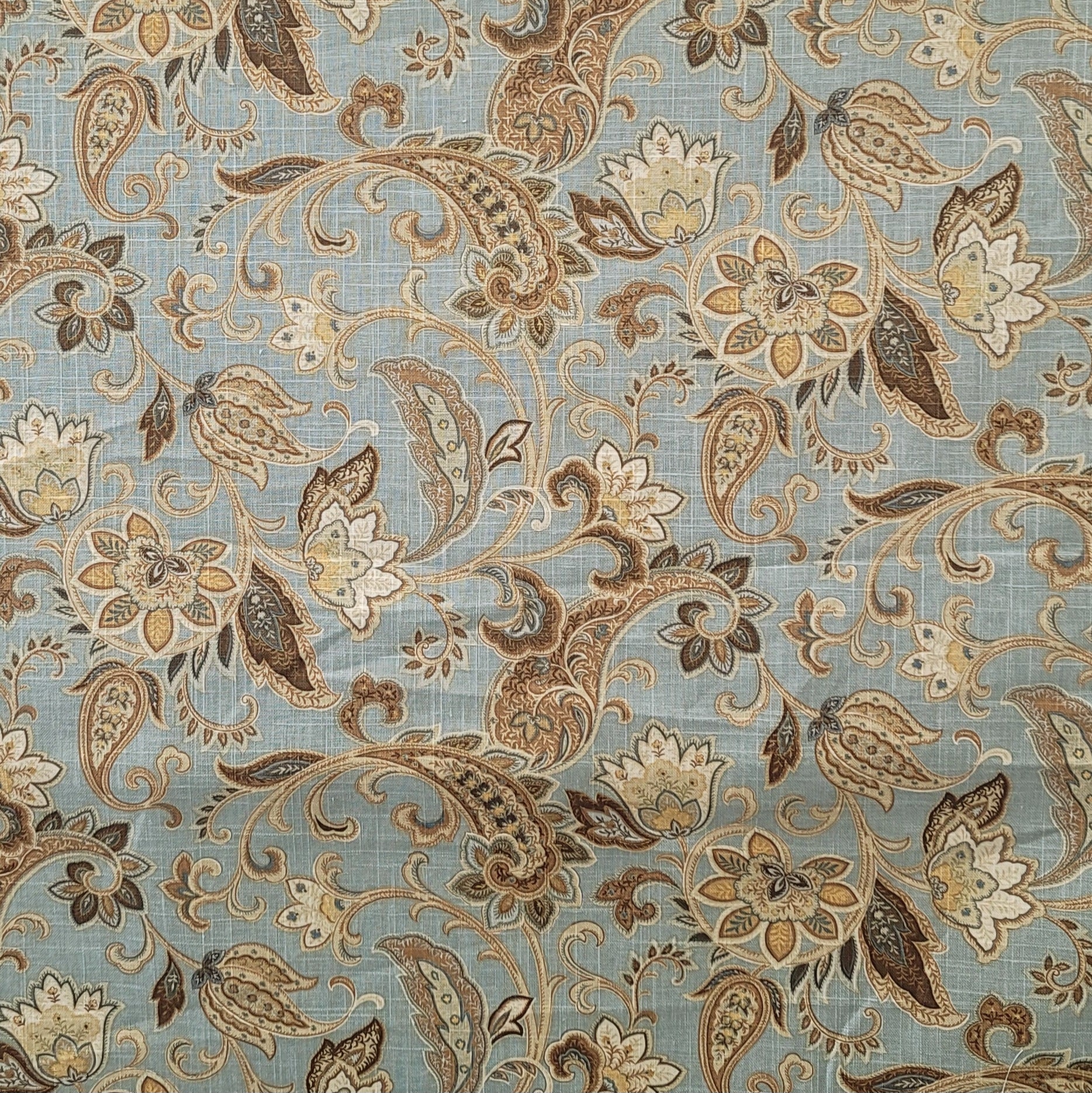 Light Blue and Gold Paisley Floral Fabric – Elegant Upholstery & Drapery Material