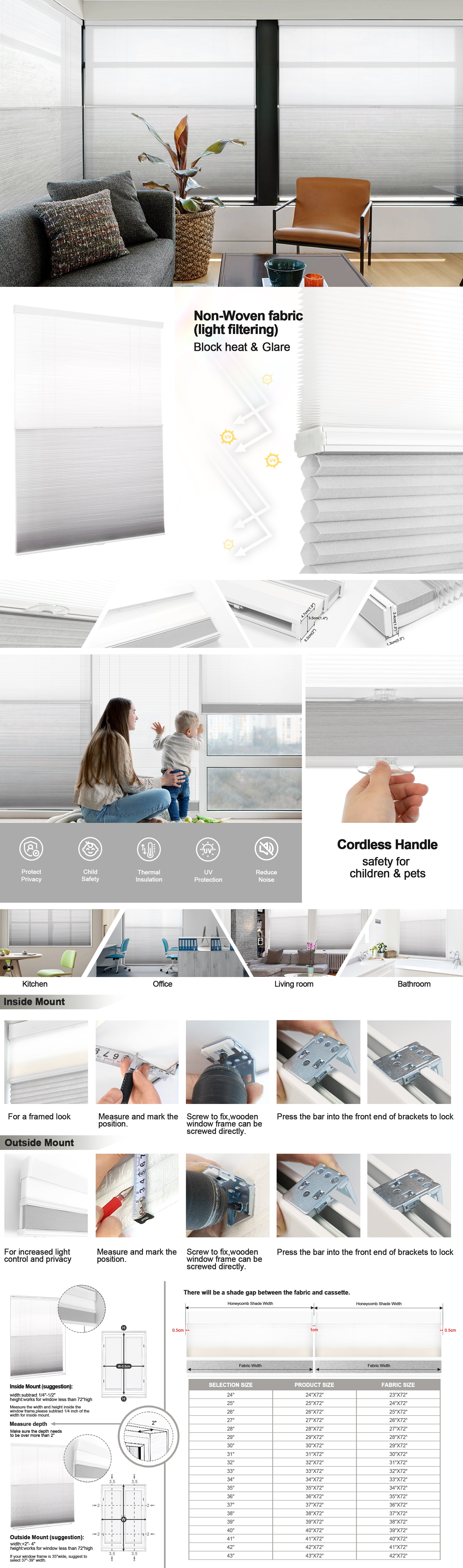 Cordless grey color semi blackout day and neight honeycomb blinds