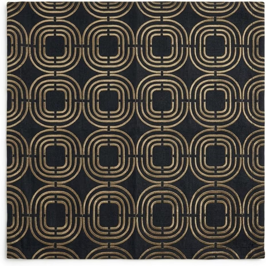 Black and Gold Embroidered Geometric Fabric – Decorative Textile for Drapery, Curtains & Home Décor