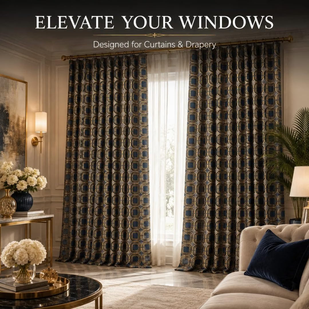 Black and Gold Embroidered Geometric Fabric – Decorative Textile for Drapery, Curtains & Home Décor