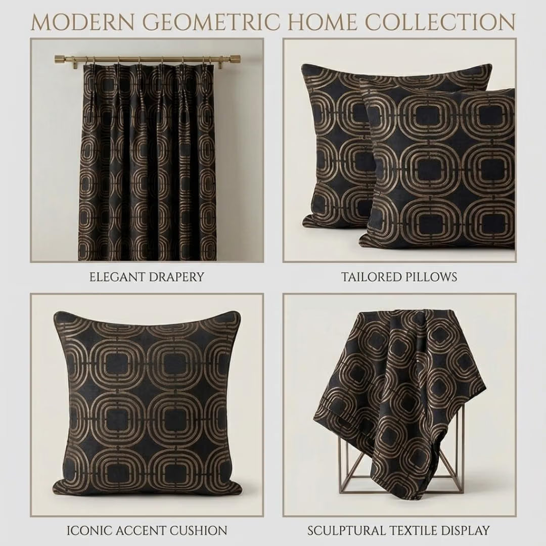 Black and Gold Embroidered Geometric Fabric – Decorative Textile for Drapery, Curtains & Home Décor