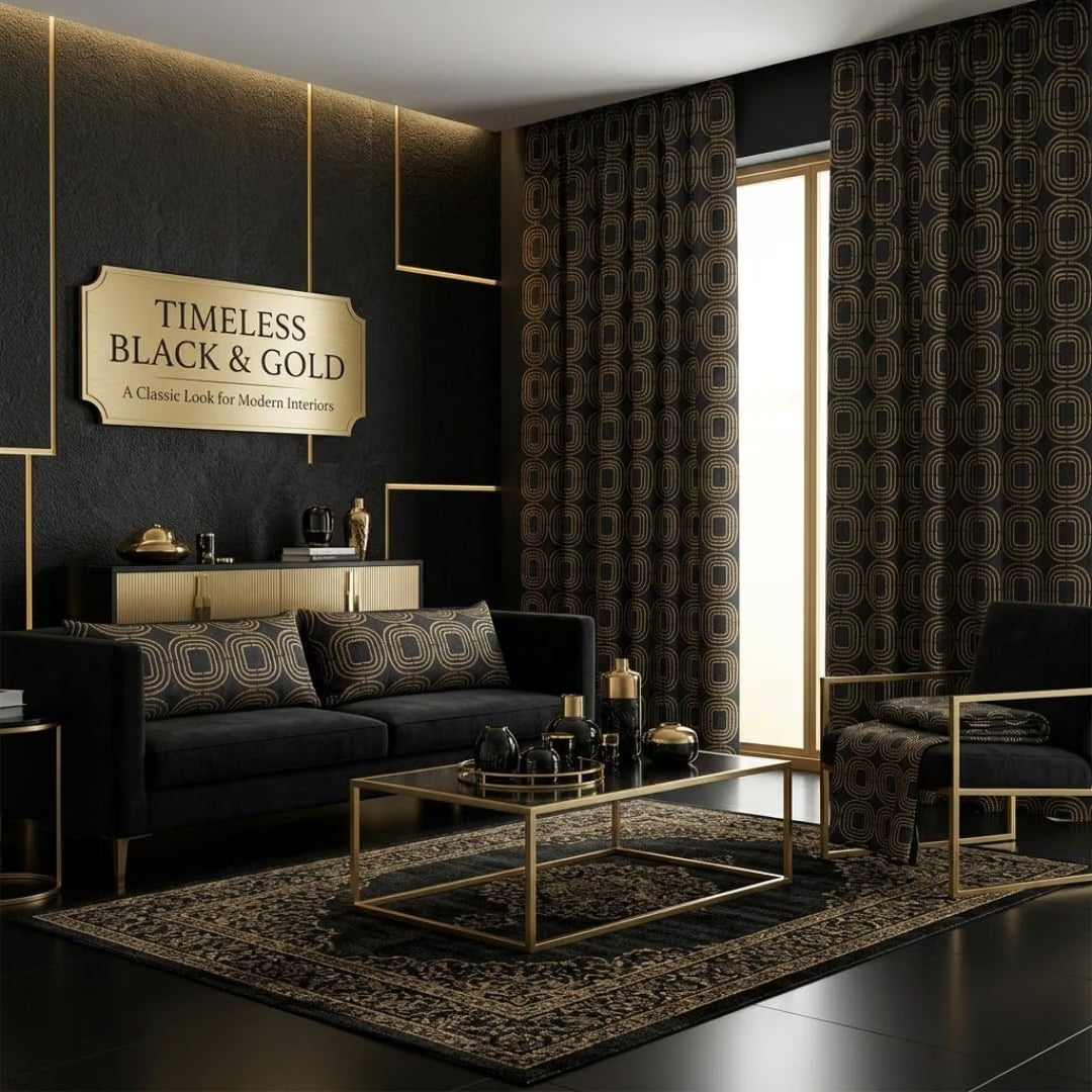 Black and Gold Embroidered Geometric Fabric – Decorative Textile for Drapery, Curtains & Home Décor