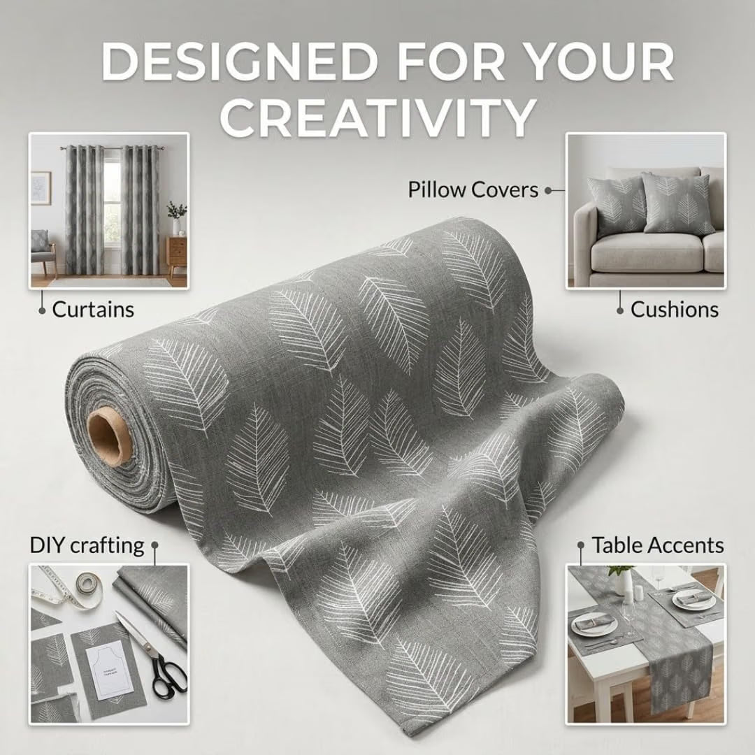 Gray Leaves Fabric – White Leaf Pattern Decorative Textile for Curtains, Drapery, Cushions & Home Décor