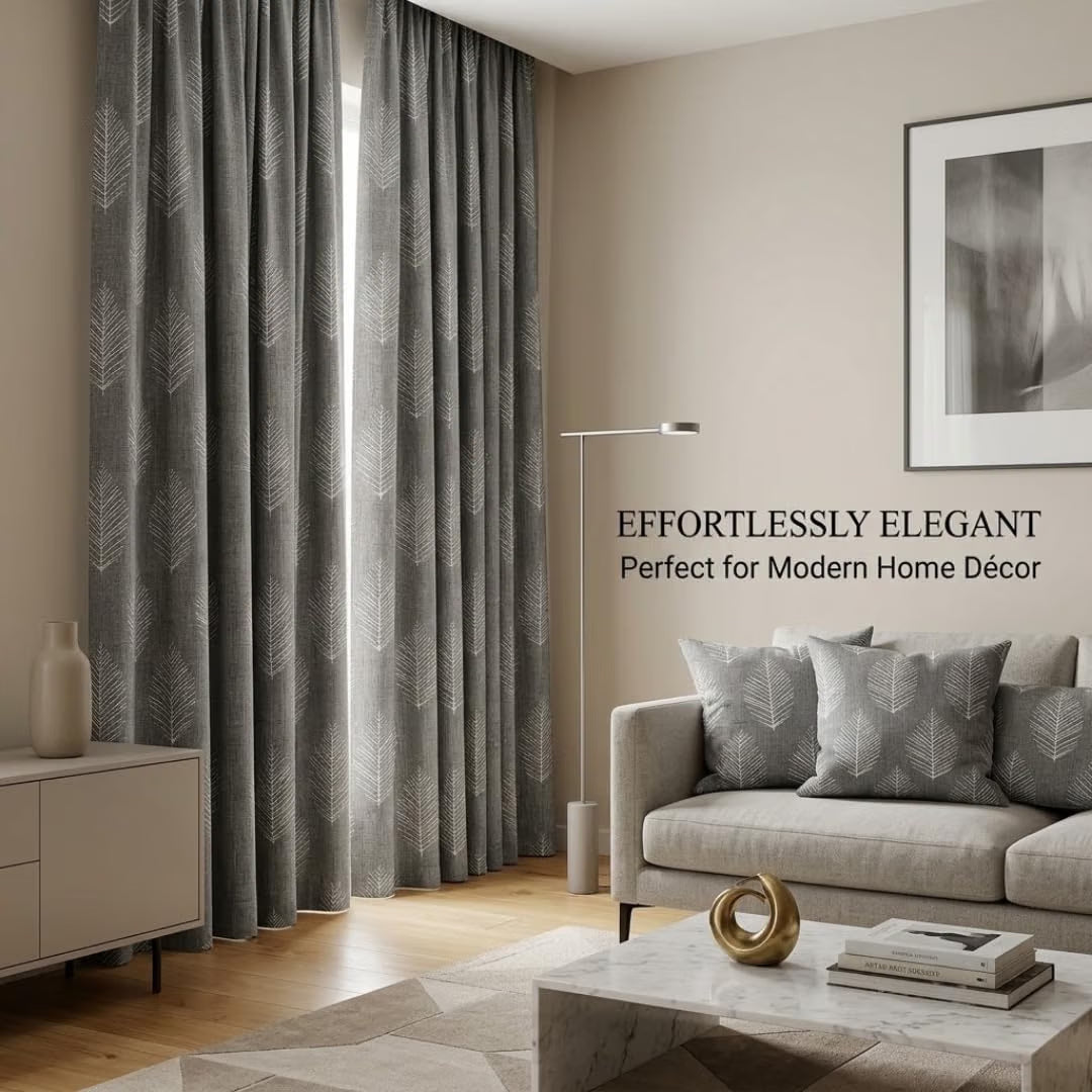 Gray Leaves Fabric – White Leaf Pattern Decorative Textile for Curtains, Drapery, Cushions & Home Décor
