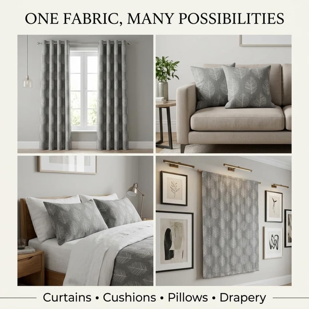 Gray Leaves Fabric – White Leaf Pattern Decorative Textile for Curtains, Drapery, Cushions & Home Décor