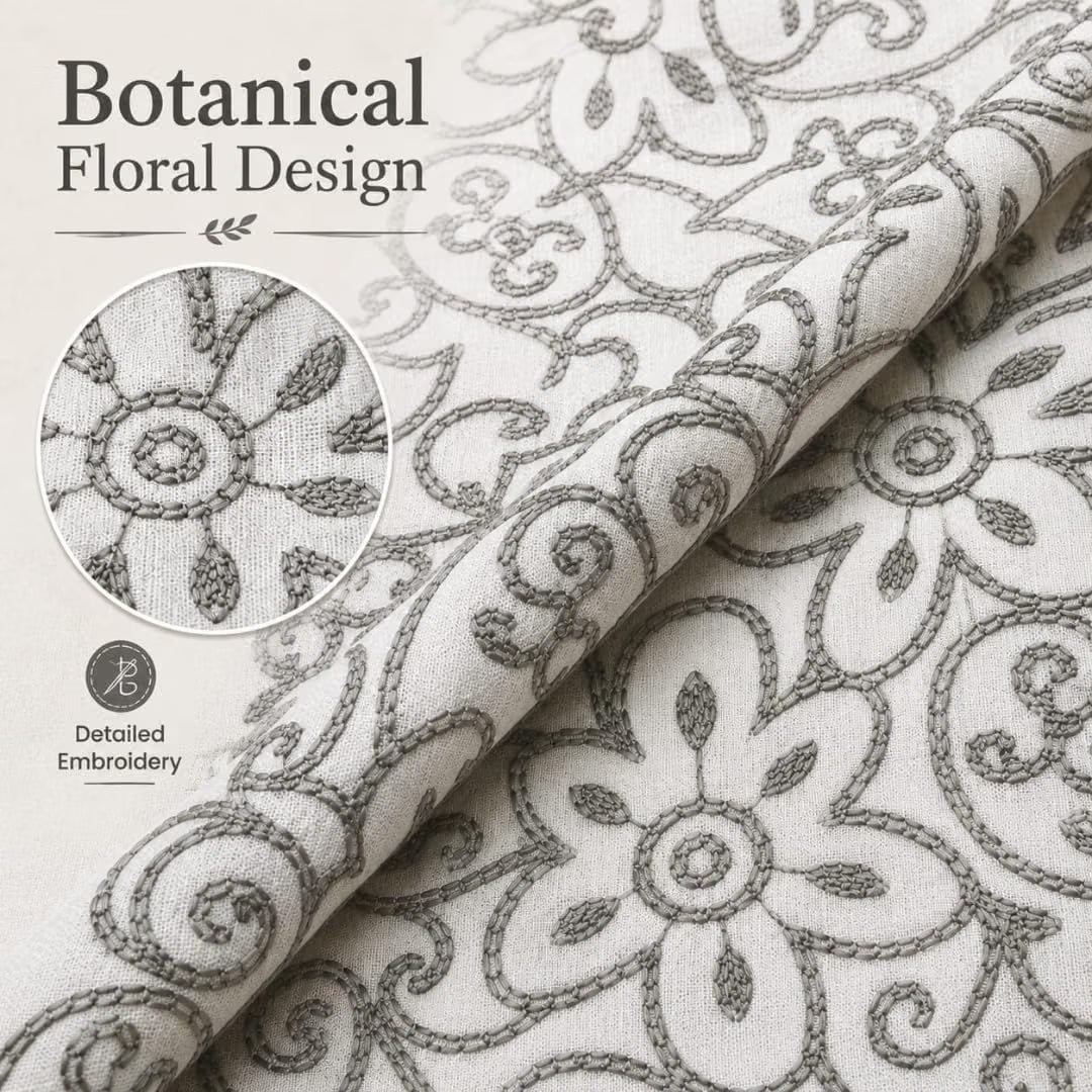 Light Blue Floral Linen Fabric with Gray Embroidery, Botanical Flower Pattern, Decorative Linen Material for Curtains, Drapery, Cushions, Sewing & Home Décor Projects