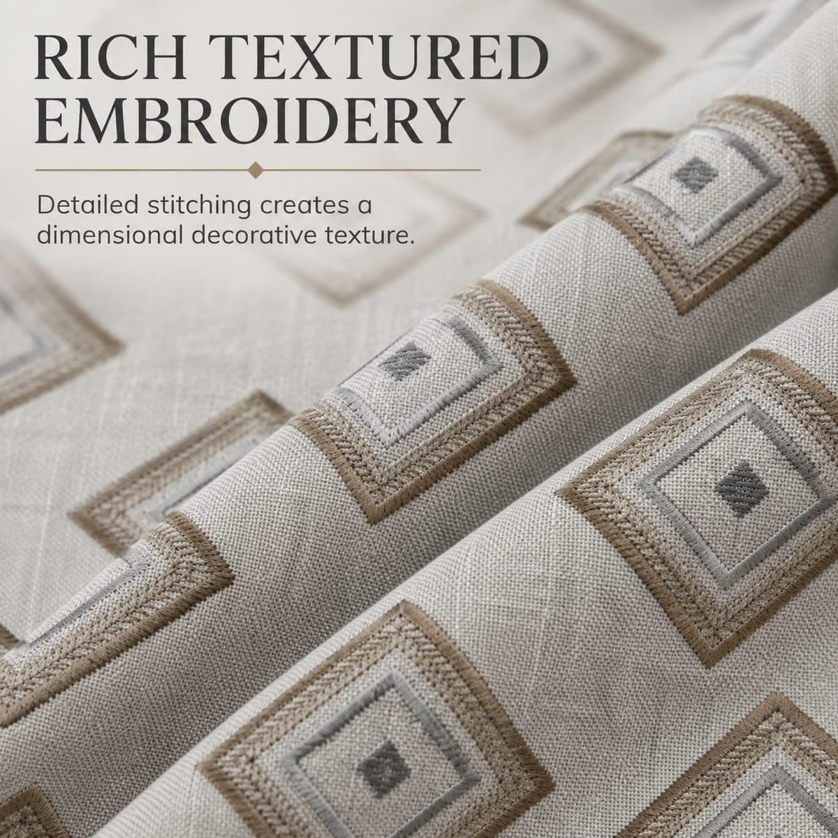Linen Gold and Silver Embroidered Fabric, Geometric Diamond Rhombus Pattern for Curtains, Pillows, Cushions and Home Décor