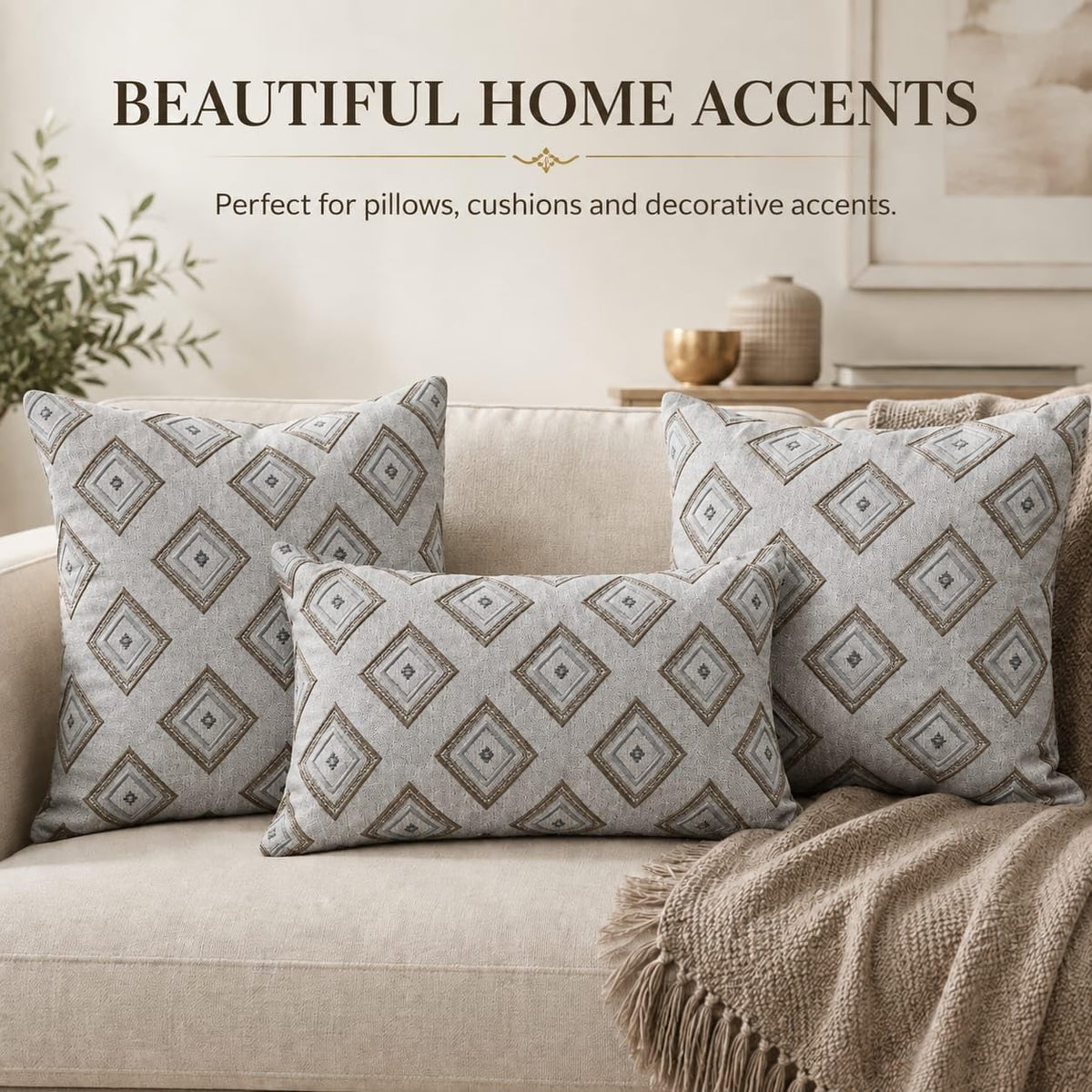 Linen Gold and Silver Embroidered Fabric, Geometric Diamond Rhombus Pattern for Curtains, Pillows, Cushions and Home Décor