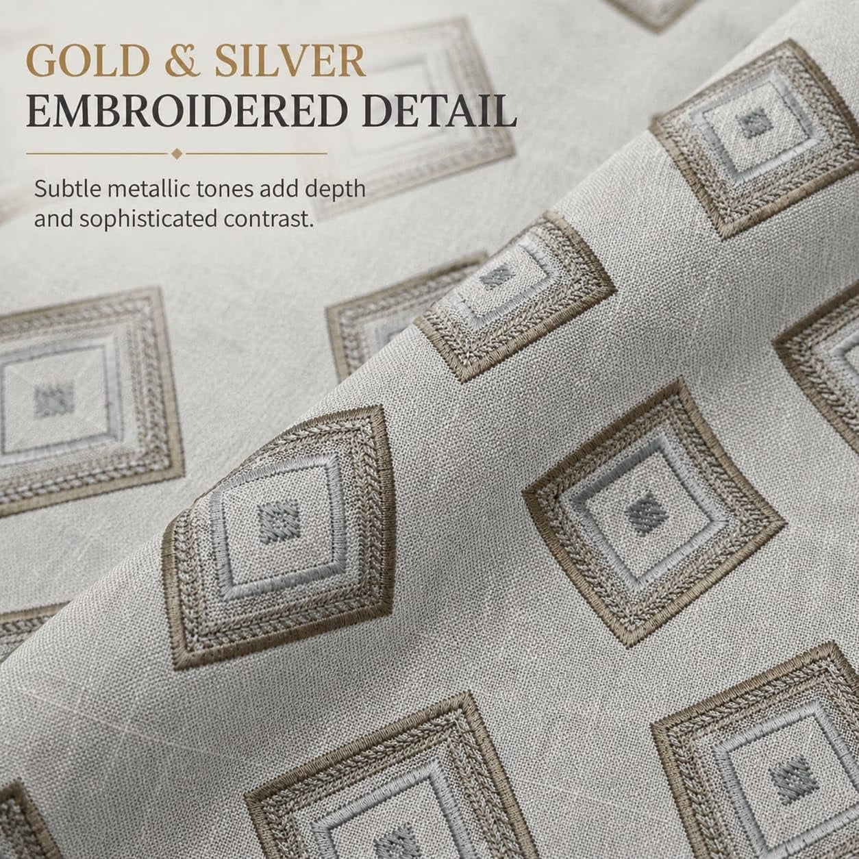 Linen Gold and Silver Embroidered Fabric, Geometric Diamond Rhombus Pattern for Curtains, Pillows, Cushions and Home Décor
