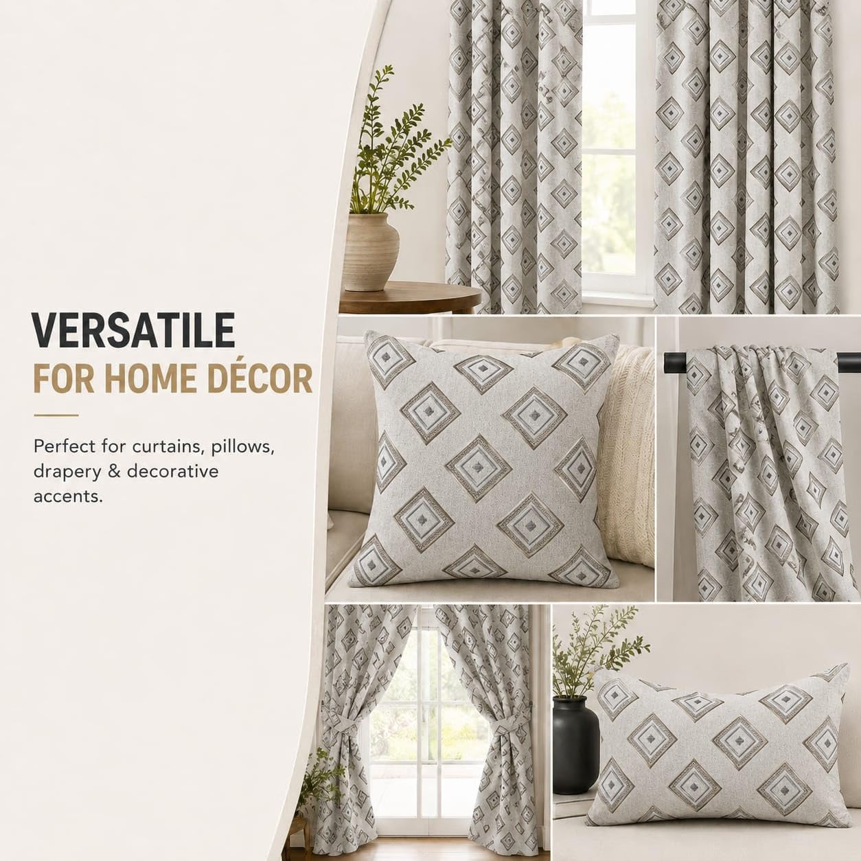 Linen Gold and Silver Embroidered Fabric, Geometric Diamond Rhombus Pattern for Curtains, Pillows, Cushions and Home Décor