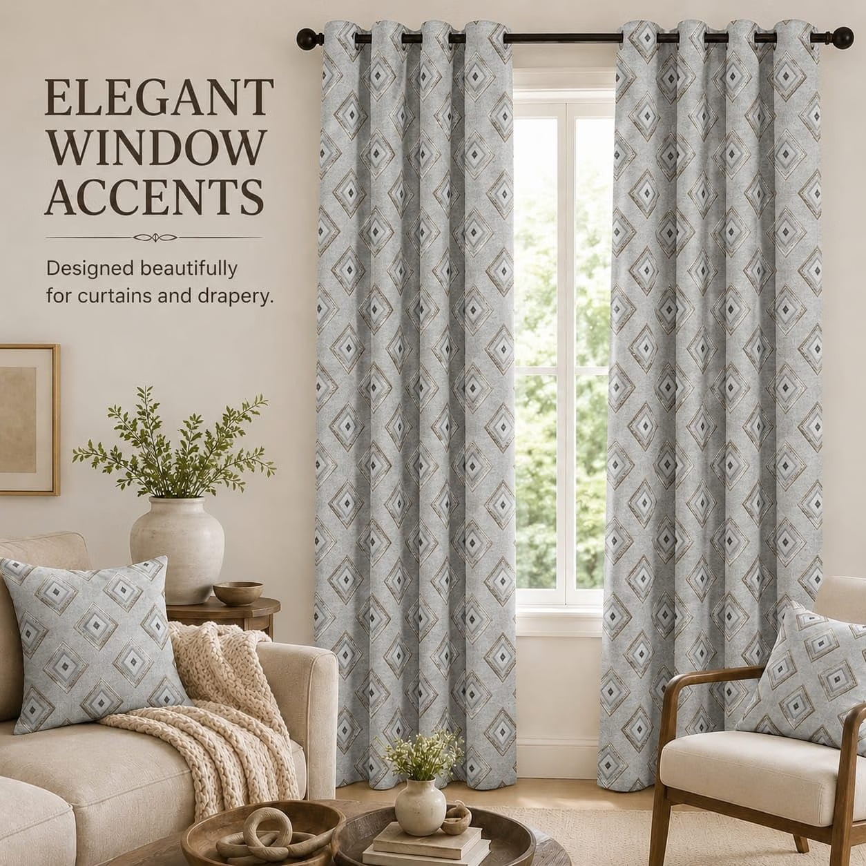 Linen Gold and Silver Embroidered Fabric, Geometric Diamond Rhombus Pattern for Curtains, Pillows, Cushions and Home Décor