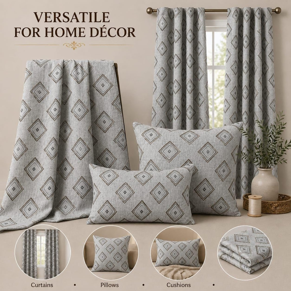 Linen Gold and Silver Embroidered Fabric, Geometric Diamond Rhombus Pattern for Curtains, Pillows, Cushions and Home Décor