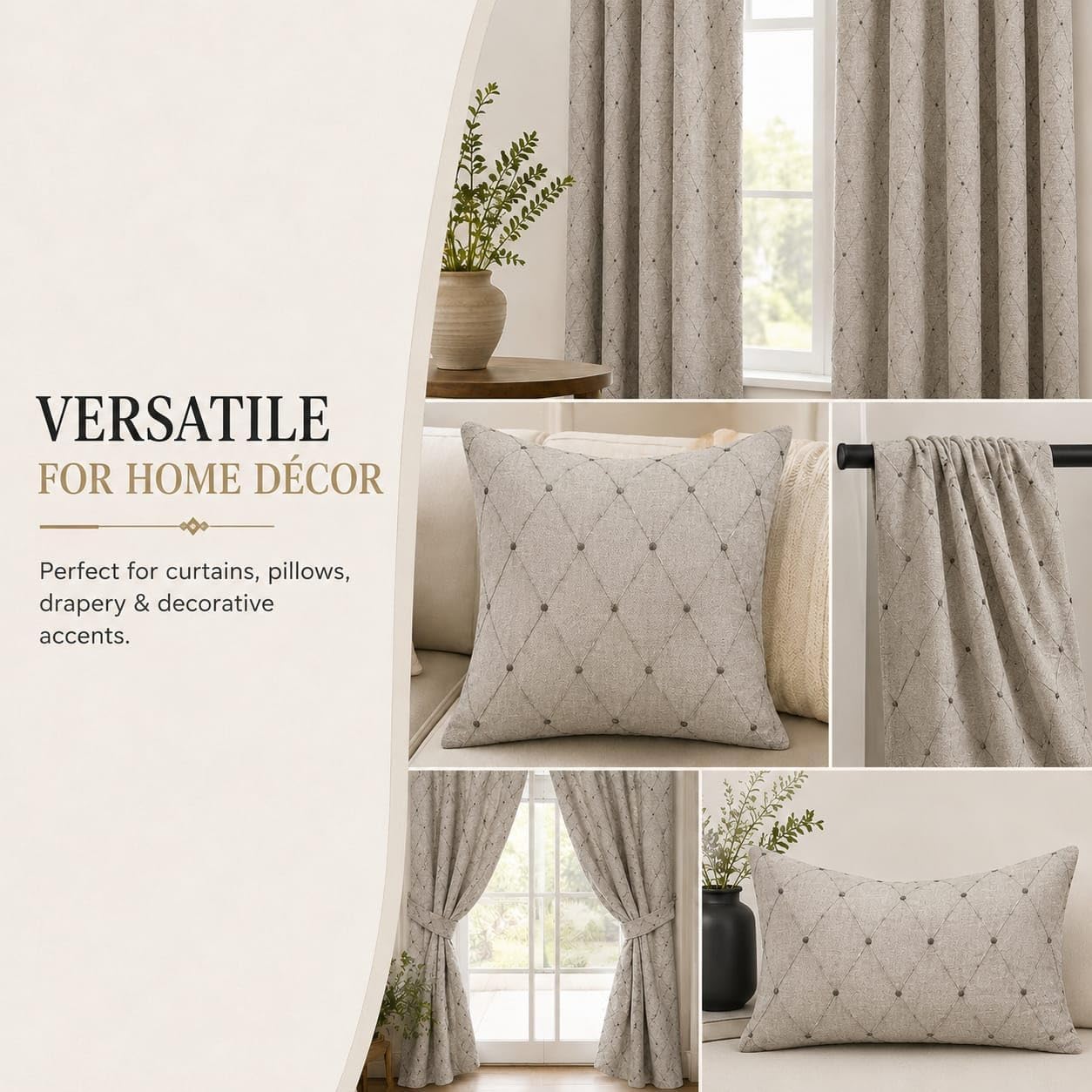 Taupe and Gray Embroidered Fabric, Geometric Diamond Pattern Textile for Curtains, Drapery, Pillows, Cushions, Sewing and Home Décor Projects