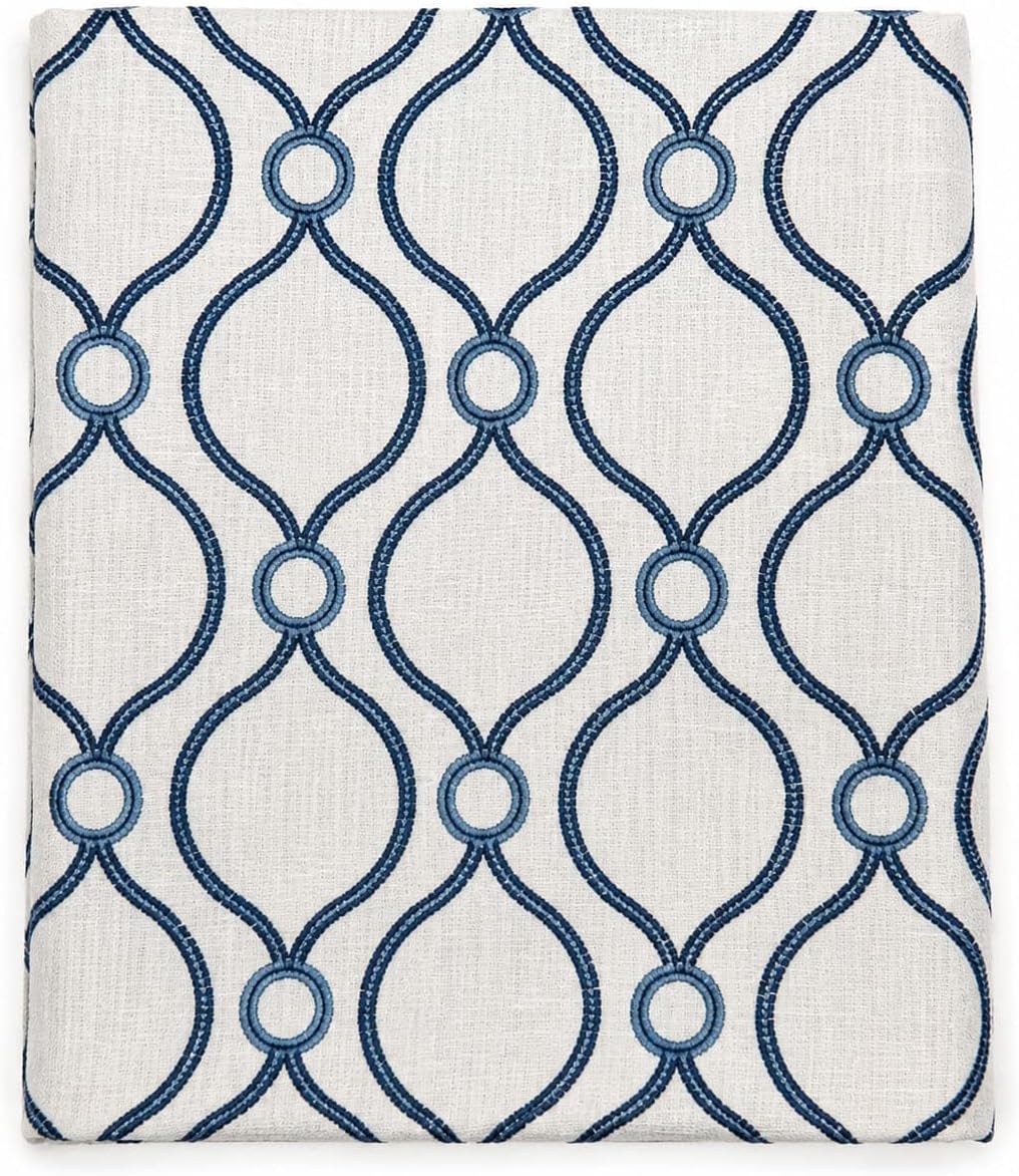 Blue and White Geometric Embroidered Fabric by the Yard, Decorative Patterned Fabric for Curtains, Drapery, Pillows, Cushions and Home Décor