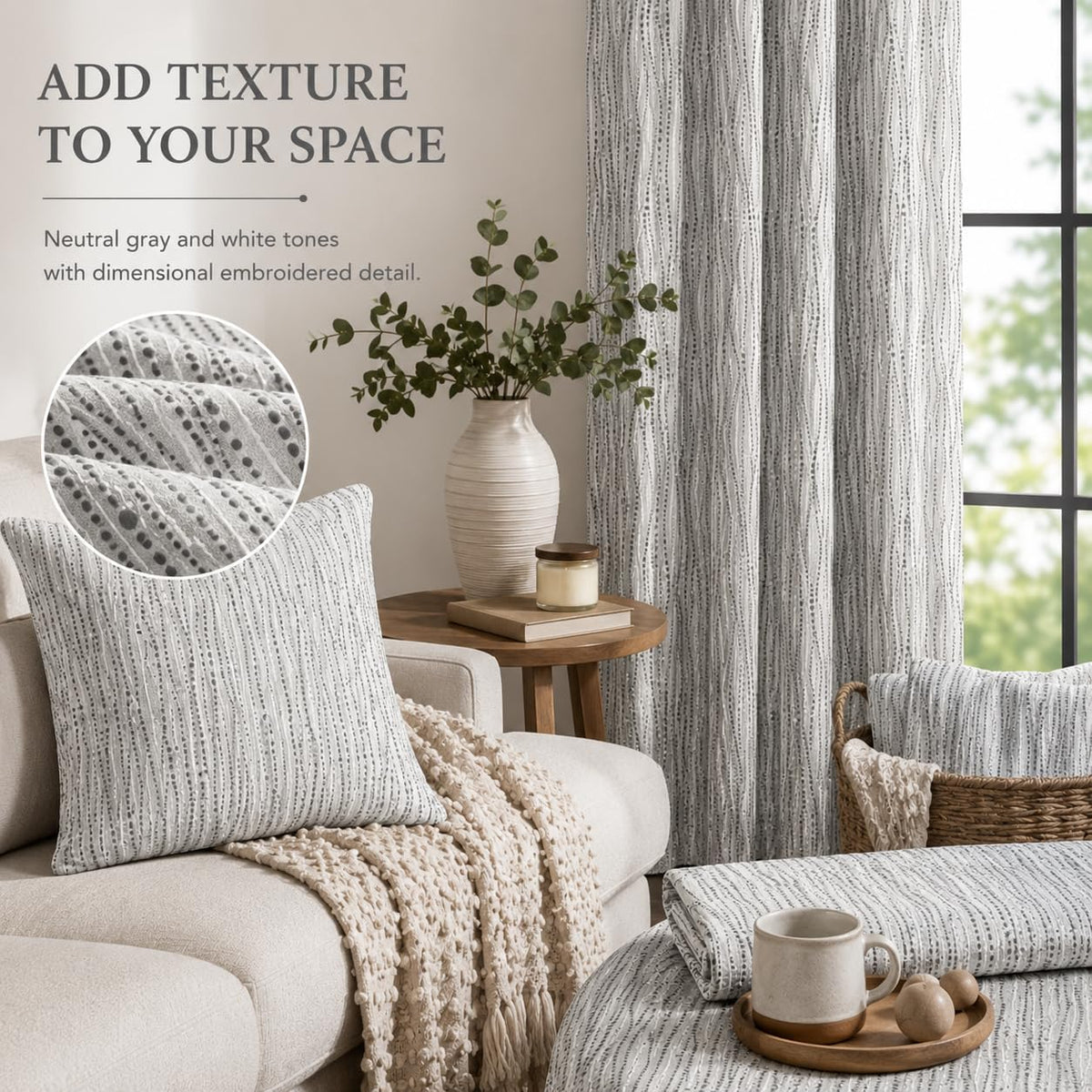 Gray and White Embroidered Fabric, Textured Raindrop Pattern Fabric by the Yard for Curtains, Drapery, Pillows, Cushions and Home Décor Sewing Projects