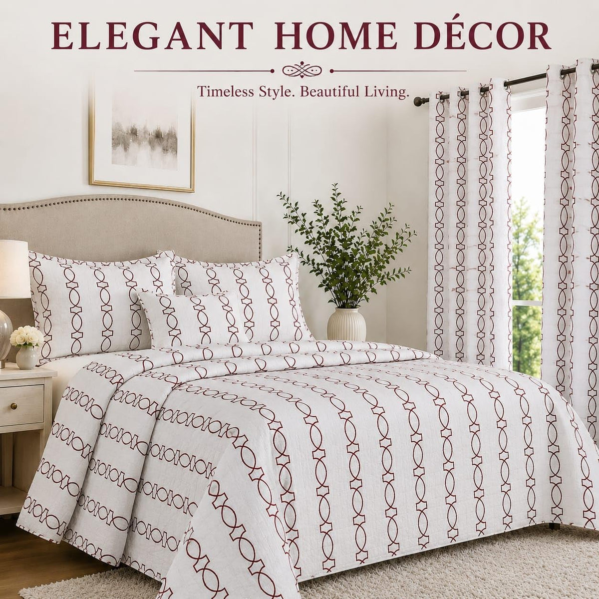 Red and White Embroidered Geometric Fabric, Repeating Oval Pattern Textile for Drapery, Curtains, Cushions, Pillows, Home Décor and Sewing Projects