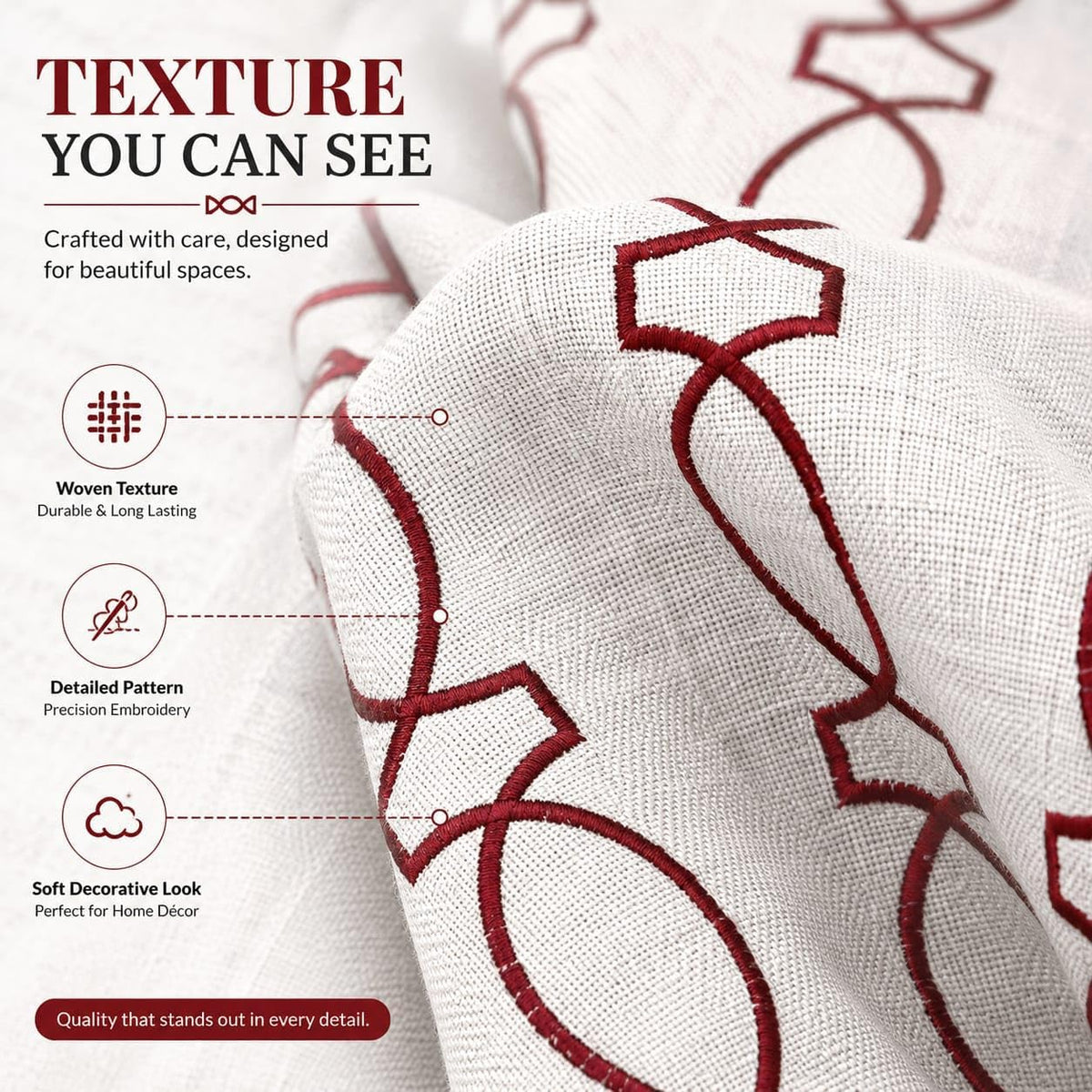 Red and White Embroidered Geometric Fabric, Repeating Oval Pattern Textile for Drapery, Curtains, Cushions, Pillows, Home Décor and Sewing Projects