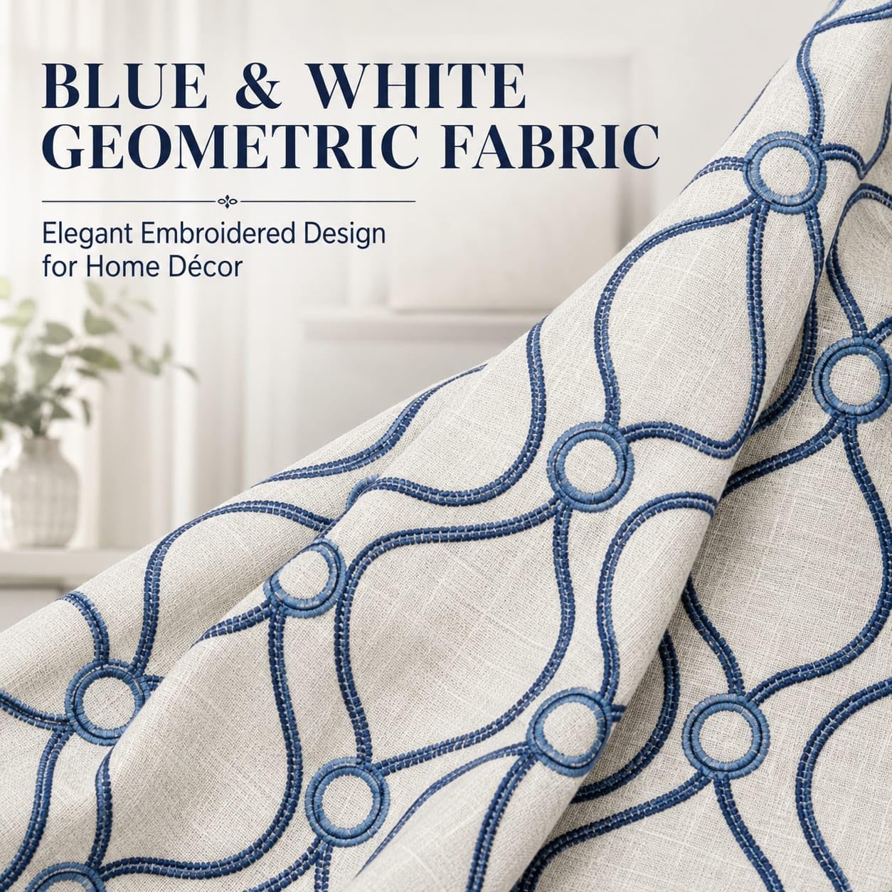 Blue and White Geometric Embroidered Fabric by the Yard, Decorative Patterned Fabric for Curtains, Drapery, Pillows, Cushions and Home Décor
