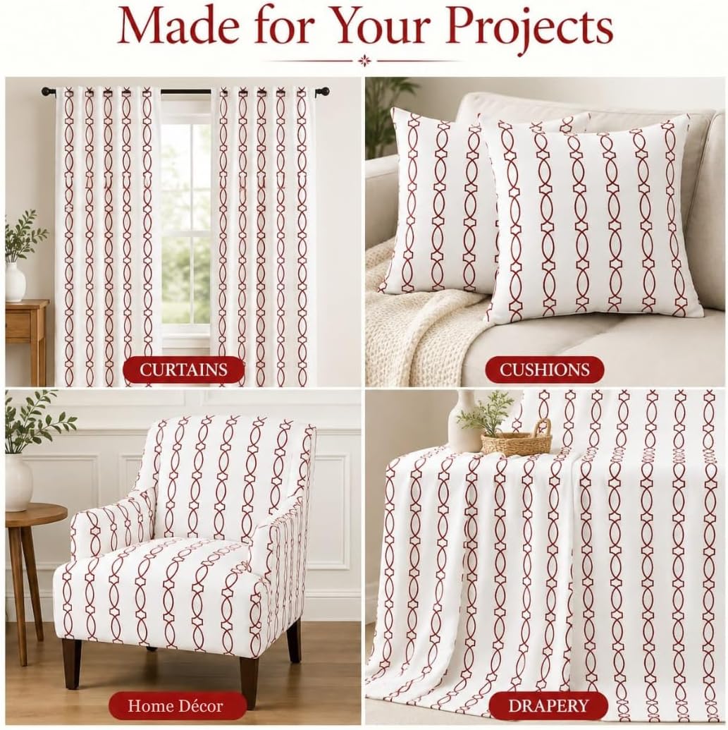 Red and White Embroidered Geometric Fabric, Repeating Oval Pattern Textile for Drapery, Curtains, Cushions, Pillows, Home Décor and Sewing Projects