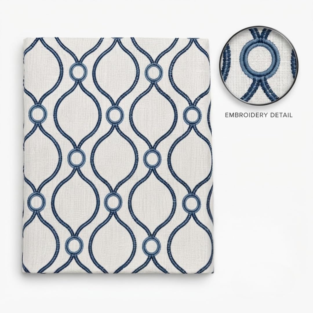 Blue and White Geometric Embroidered Fabric by the Yard, Decorative Patterned Fabric for Curtains, Drapery, Pillows, Cushions and Home Décor