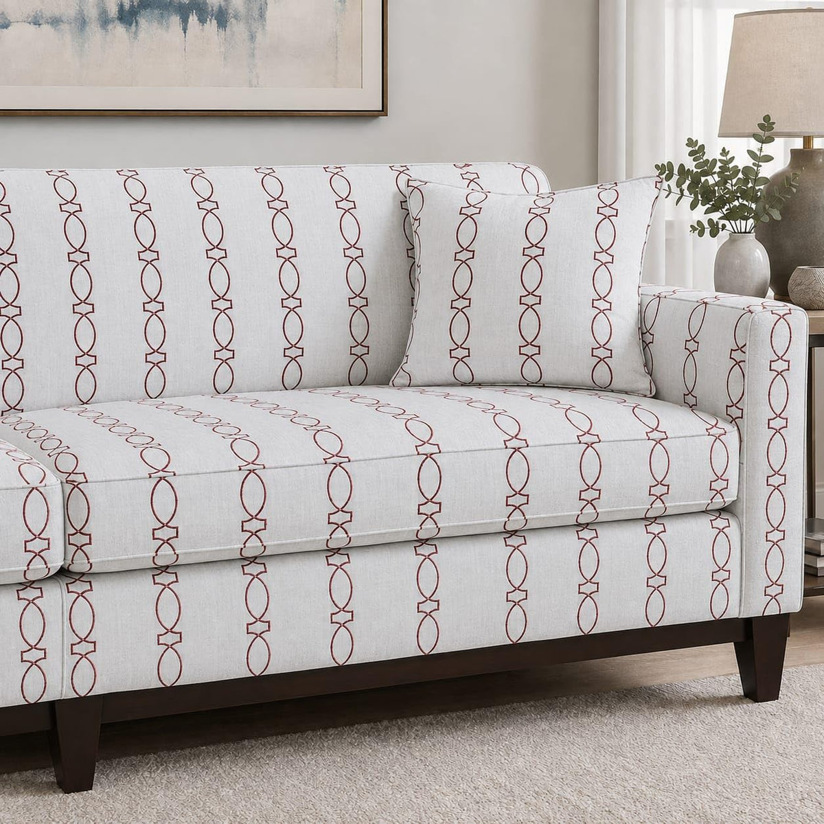 Red and White Embroidered Geometric Fabric, Repeating Oval Pattern Textile for Drapery, Curtains, Cushions, Pillows, Home Décor and Sewing Projects
