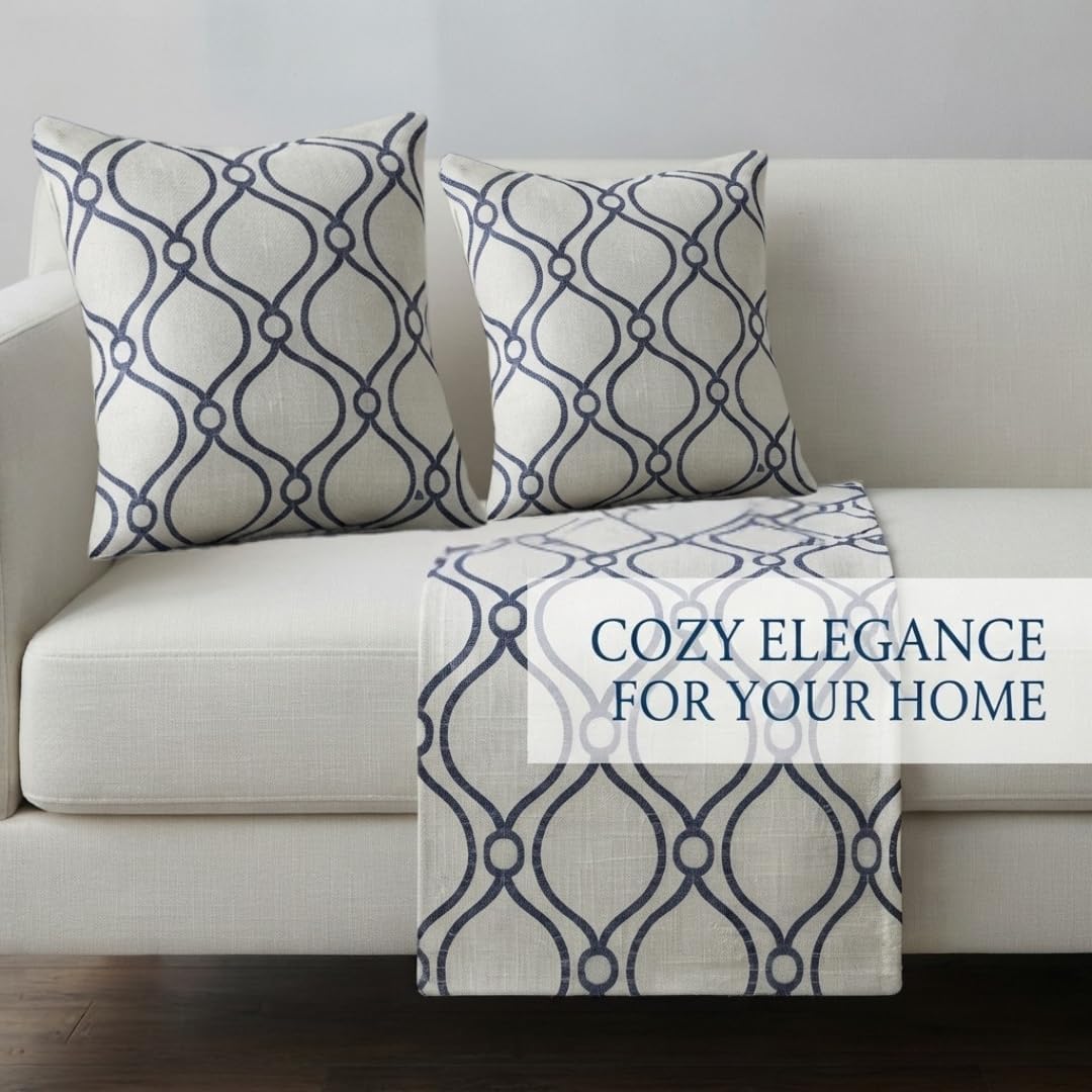 Blue and White Geometric Embroidered Fabric by the Yard, Decorative Patterned Fabric for Curtains, Drapery, Pillows, Cushions and Home Décor